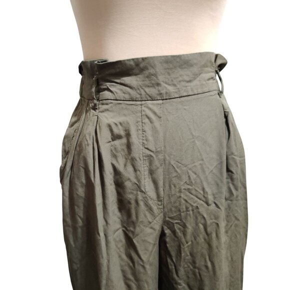 H&M Olive High Waist Paperbag Pants Relaxed Tapered Pleated Street Style Work - Picture 5 of 8
